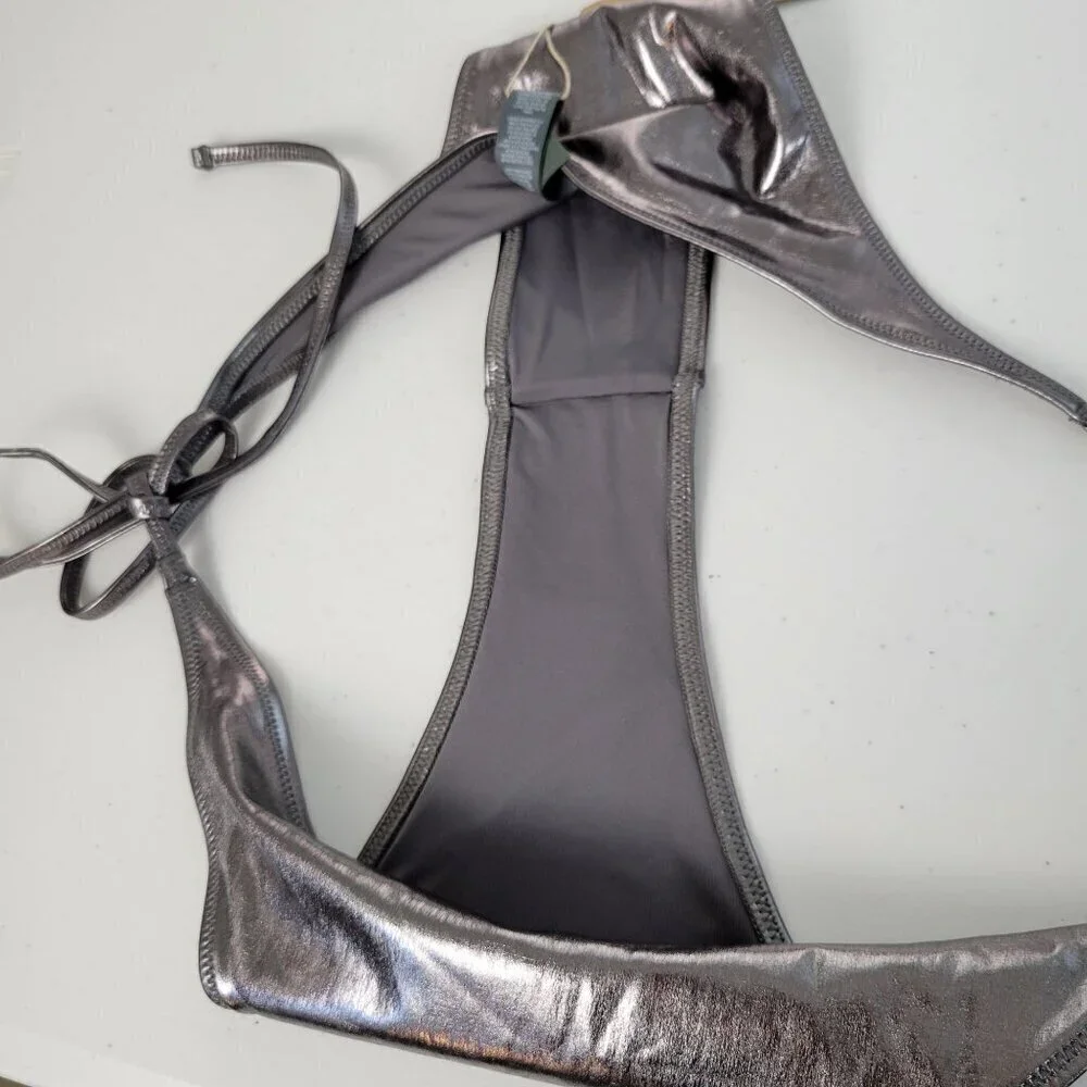 SKIMS Metallic Swim Tie Bikini Bottom Womens Plus 4X Grey Shiney Vixen Beach NWT